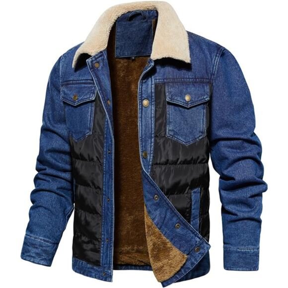 Men's Sherpa Trucker Jacket Fleece Denim Jacket Turn-Down Collar
